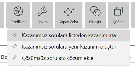 Soru Bankaları ekranında Yapay Zeka menüsü: Çözümsüz sorulara çözüm ekle