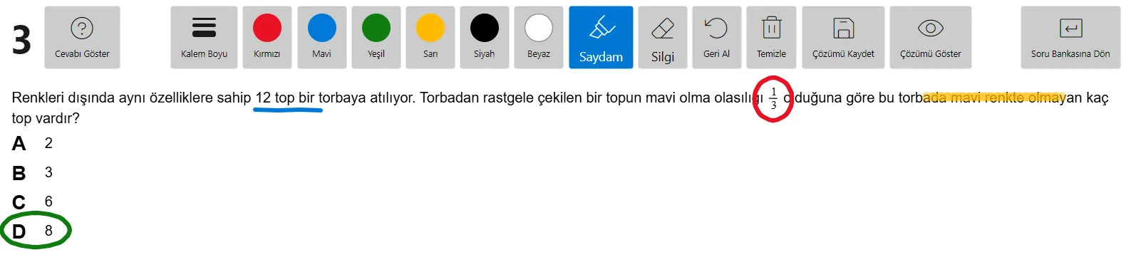 Kayıtlı çözüm sorunun üstünde gösteriliyor; araç çubuğunda Çözümü Kaydet ve Çözümü Göster düğmeleri