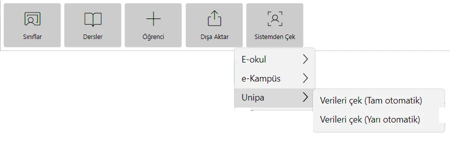 Sistemden Çek menüsü: E-okul, e-Kampüs ve Unipa; Unipa altında tam ve yarı otomatik