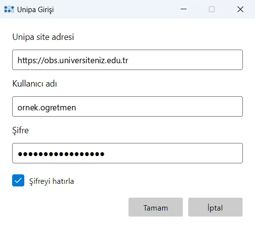 Unipa Girişi penceresi: site adresi, kullanıcı adı, şifre ve Şifreyi hatırla