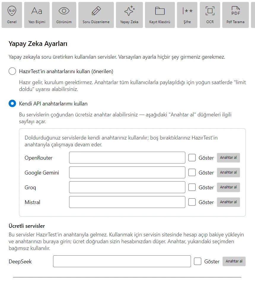 Ayarlar > Yapay Zeka: anahtar seçimi