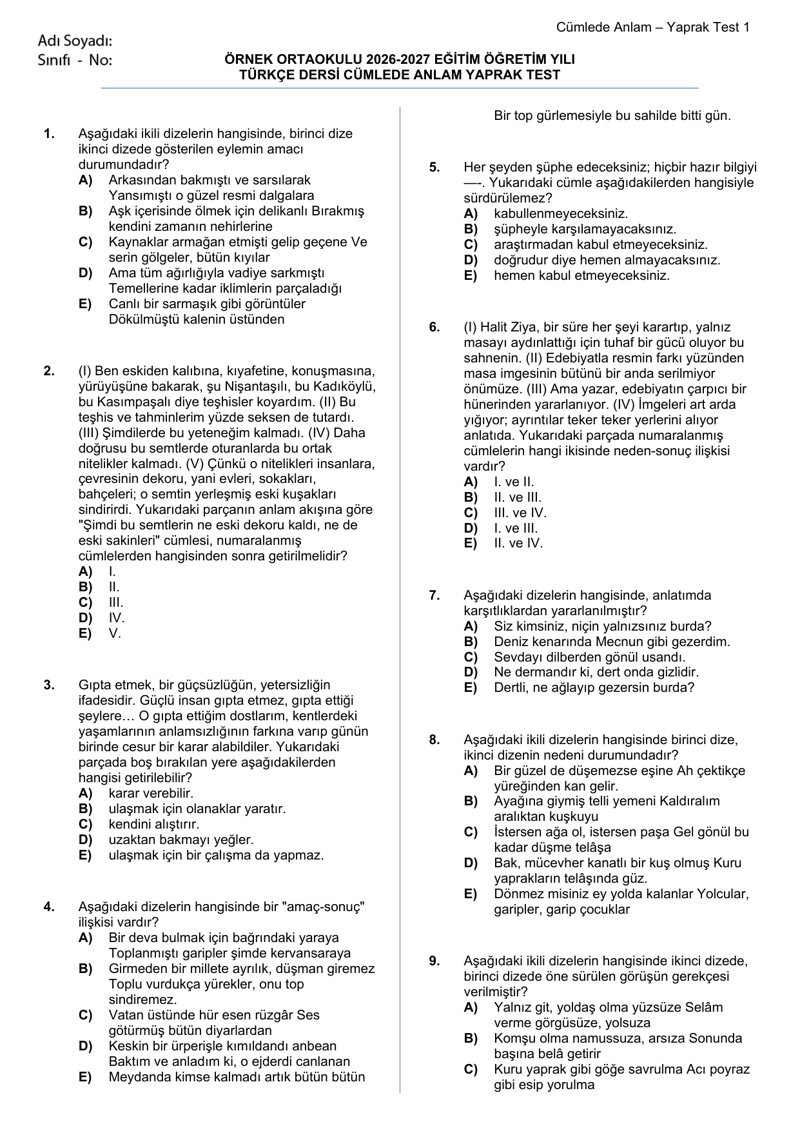 HazırTest ile hazırlanmış iki sütunlu yaprak test örneği